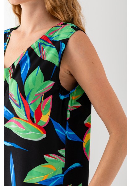 Kadın Yeşil Siyah Eteği Fırfırlı Kolsuz V Yaka Viskon Dokuma Elbise indirimleri