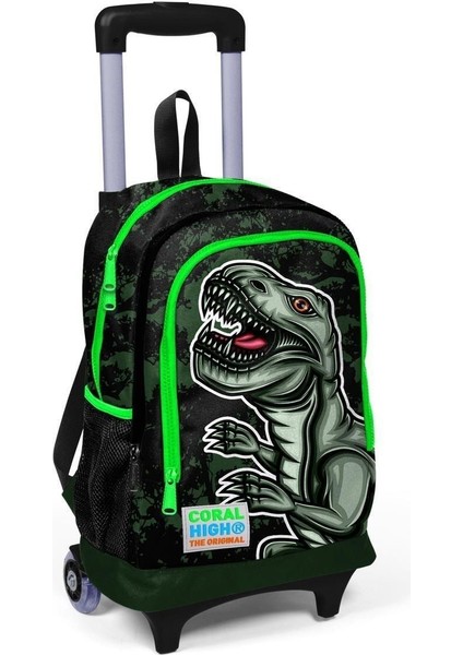 Kids Koyu Yeşil Siyah Dinazor Desenli Çekçekli 3'Lü Çanta Seti Set0123925
