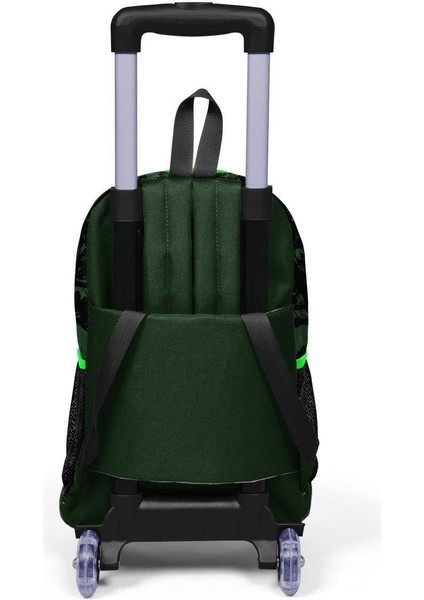 Kids Koyu Yeşil Siyah Dinazor Desenli Çekçekli 3'Lü Çanta Seti Set0123925