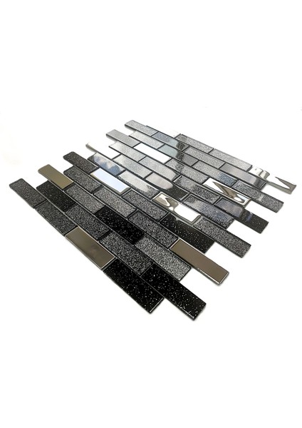 Mutfak Tezgah Arası ve Iç Dekorasyon Için 23X73X4MM. Simli Siyah Gümüş Krom Mix. 30X30CM. Fileli Kristal Cam Mozaik. (11 File Karo = 1 M2 Fiyatıdır ) fiyatları
