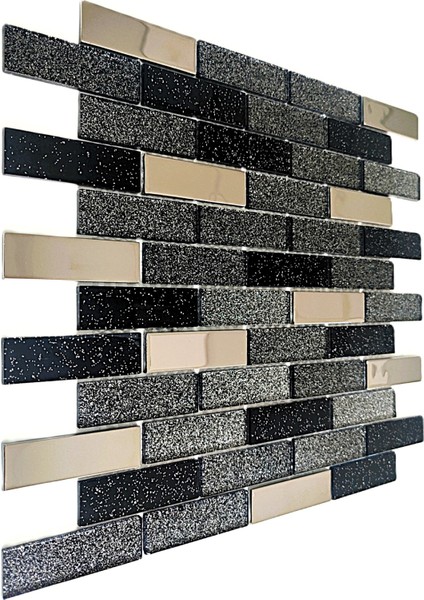 Mutfak Tezgah Arası ve Iç Dekorasyon Için 23X73X4MM. Simli Siyah Gümüş Krom Mix. 30X30CM. Fileli Kristal Cam Mozaik. (11 File Karo = 1 M2 Fiyatıdır ) modelleri