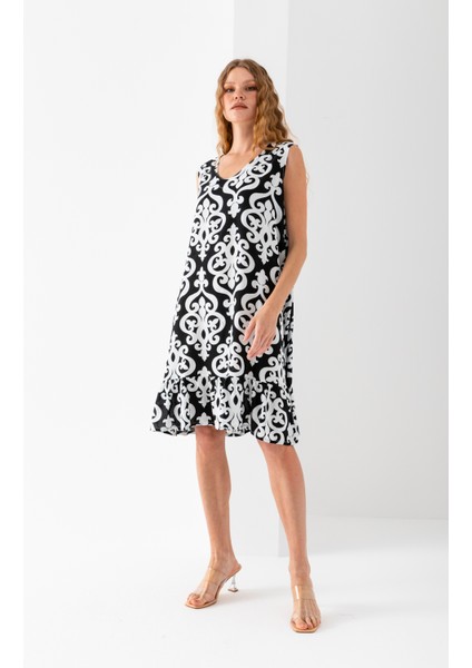 Kadın Siyah Beyaz Eteği Fırfırlı Kolsuz V Yaka Viskon Dokuma Elbise