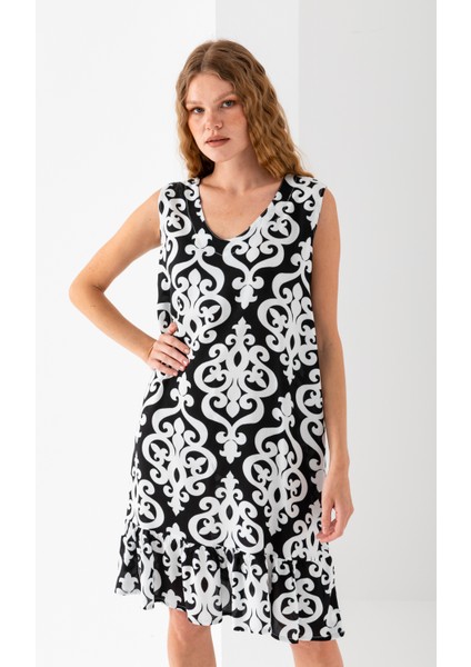 Kadın Siyah Beyaz Eteği Fırfırlı Kolsuz V Yaka Viskon Dokuma Elbise fırsatları