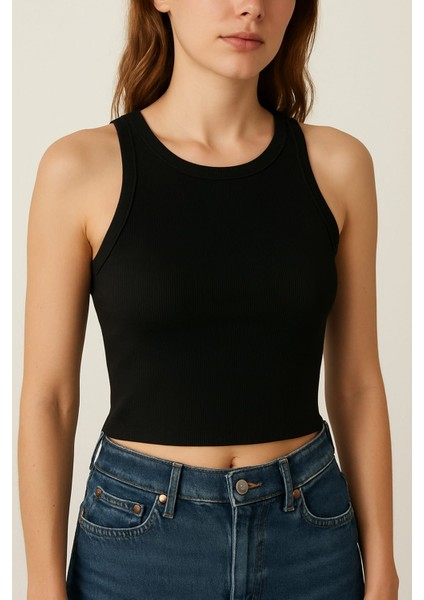 Halter Yaka Bluz Crop Fitilli Atlet