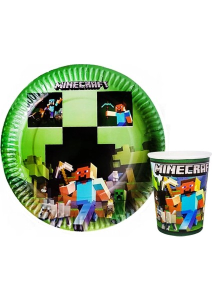 Minecraft Temalı Karton Tabak ve Bardak Seti 8+8 Adet