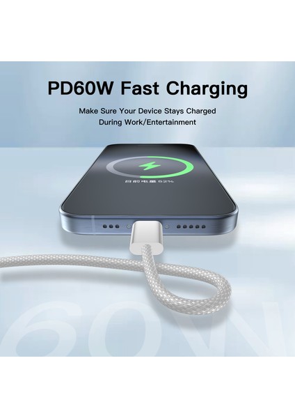 Type C To Type C 60WATT 20V/3A Android Huawei Xiaomi Apple iPhone 15 Hızlı Şarj Kablosu Beyaz 1 Metre modelleri