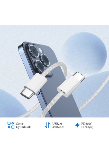 Type C To Type C 60WATT 20V/3A Android Huawei Xiaomi Apple iPhone 15 Hızlı Şarj Kablosu Beyaz 1 Metre