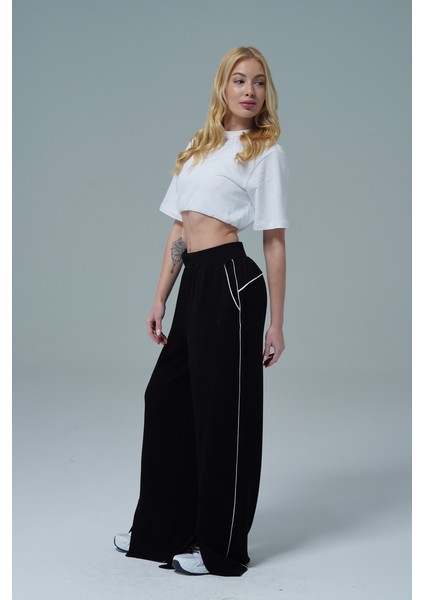 Soft Touch Premium Slit Palazzo Pants - Siyah Yüksek Bel Modal Kumaşlı Yırtmaçlı Kadın Palazzo Bol Paça Eşofman Altı