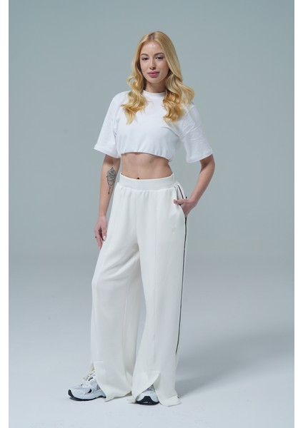 Soft Touch Premium Slit Palazzo Pants - Bej Yüksek Bel Modal Kumaşlı Yırtmaçlı Kadın Palazzo Bol Paça Eşofman Altı