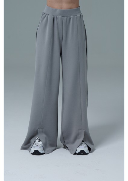 Soft Touch Premium Slit Palazzo Pants - Gri Yüksek Bel Modal Kumaşlı Yırtmaçlı Kadın Palazzo Bol Paça Eşofman Altı modelleri