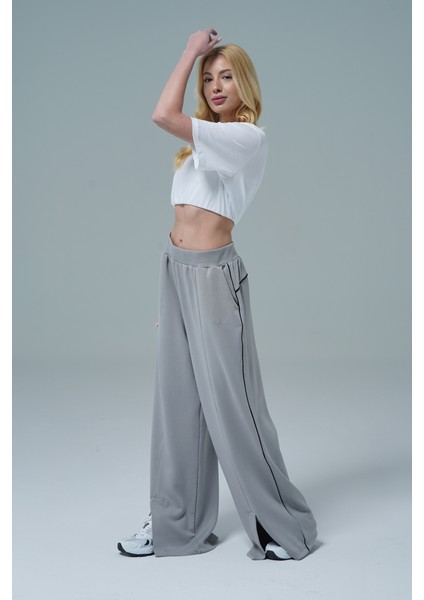 Soft Touch Premium Slit Palazzo Pants - Gri Yüksek Bel Modal Kumaşlı Yırtmaçlı Kadın Palazzo Bol Paça Eşofman Altı indirimleri