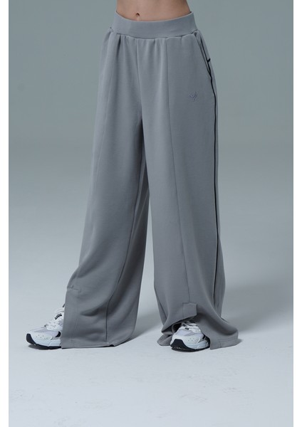 Soft Touch Premium Slit Palazzo Pants - Gri Yüksek Bel Modal Kumaşlı Yırtmaçlı Kadın Palazzo Bol Paça Eşofman Altı