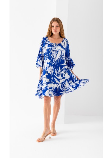 Kadın Mavi Beyaz Geniş Bağcıklı Yaka Eteği Fırfırlı Viskon Dokuma Elbise indirimleri