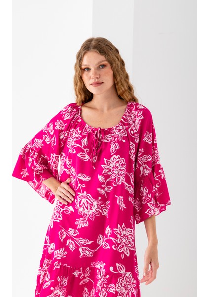 Kadın Pembe Beyaz Geniş Bağcıklı Yaka Eteği Fırfırlı Viskon Dokuma Elbise fırsatları