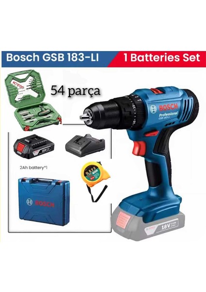 Gsb 183 Li 2 Ah Tek Bataryalı Darbeli Akülü Vidalama ve Bosch 54 Parça Uç Seti