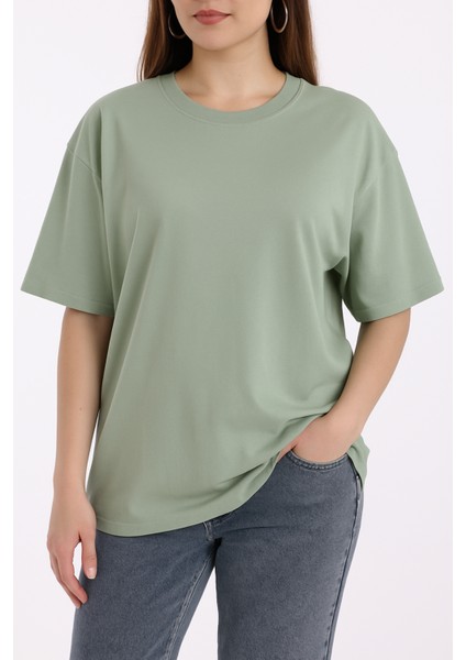 Kadın Yeşil Oversize Bisiklet Yaka %100 Pamuk Düz Basic Yazlık T-Shirt