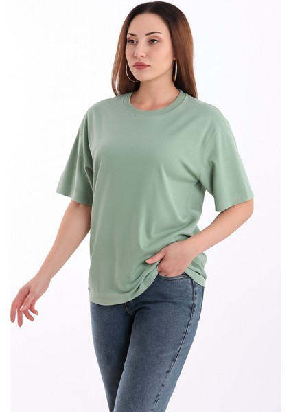 Kadın Yeşil Oversize Bisiklet Yaka %100 Pamuk Düz Basic Yazlık T-Shirt modelleri