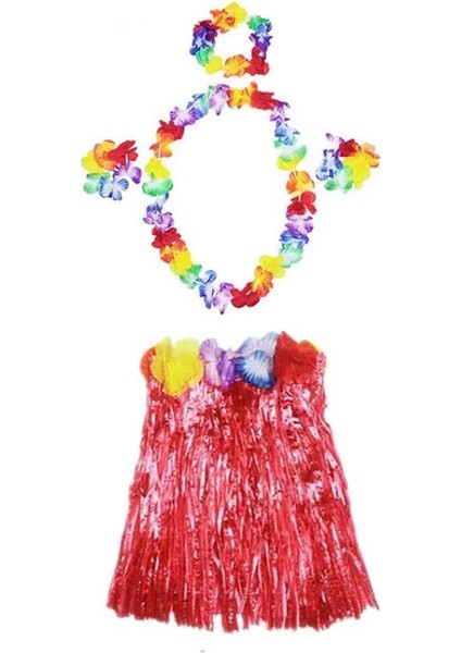 Luau Aloha Hawaii Kolye Etek Taç ve Bileklik Seti Kırmızı