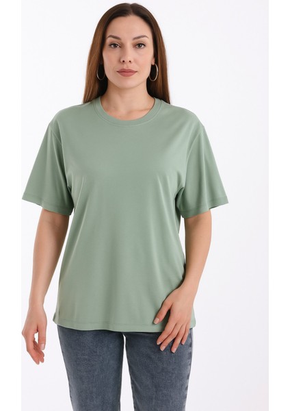 Kadın Yeşil Oversize Bisiklet Yaka %100 Pamuk Düz Basic Yazlık T-Shirt