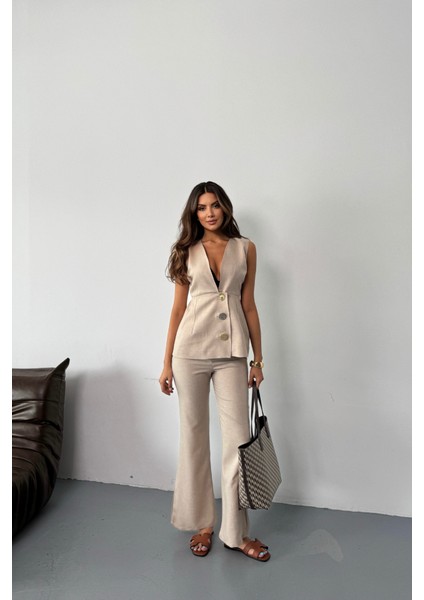 Keten Gold Düğmeli Yelek - Pantolon Tk - Bej