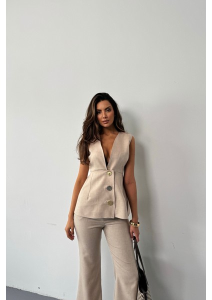 Keten Gold Düğmeli Yelek - Pantolon Tk - Bej