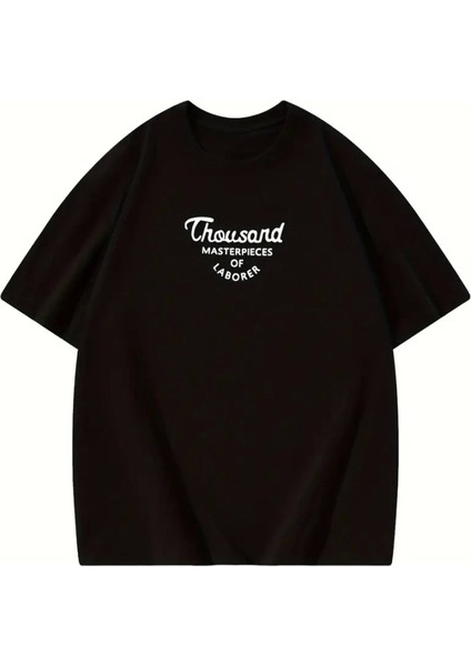 Thousand Baskılı Oversize Bisiklet Yaka T-Shirt - Siyah