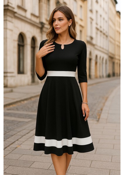 Kadın Fakir Kol Yakası Açık Blok Renkli Krep Midi Elbise
