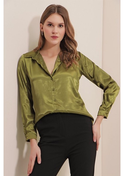 3964 Hafif Dökümlü Saten Gömlek - Y.haki