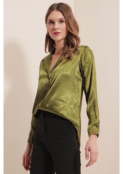 3964 Hafif Dökümlü Saten Gömlek - Y.haki fiyatları