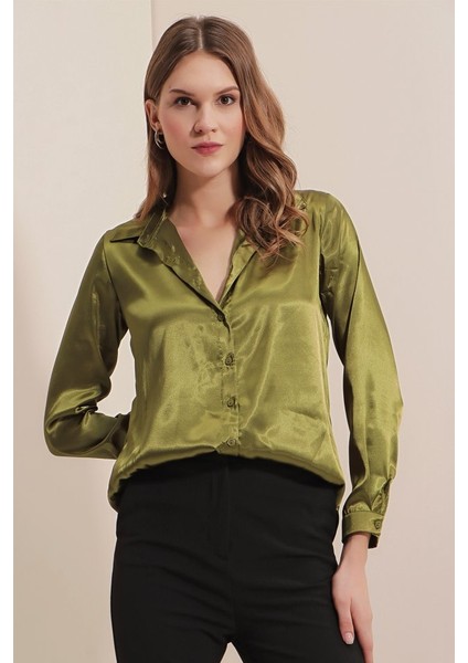 3964 Hafif Dökümlü Saten Gömlek - Y.haki modelleri