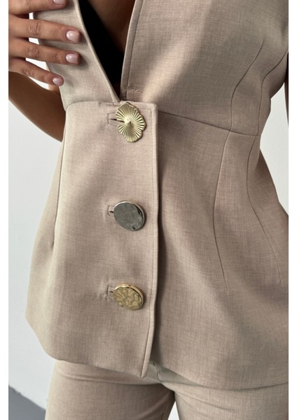 Keten Gold Düğmeli Yelek - Pantolon Tk - Bej