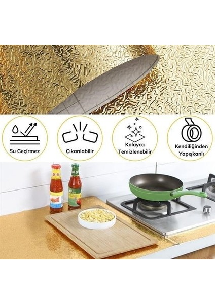 ® 10 Metre Kendinden Yapışkanlı Silinebilir Mutfak Tezgah Üstü Sticker Folyo Gold Renk