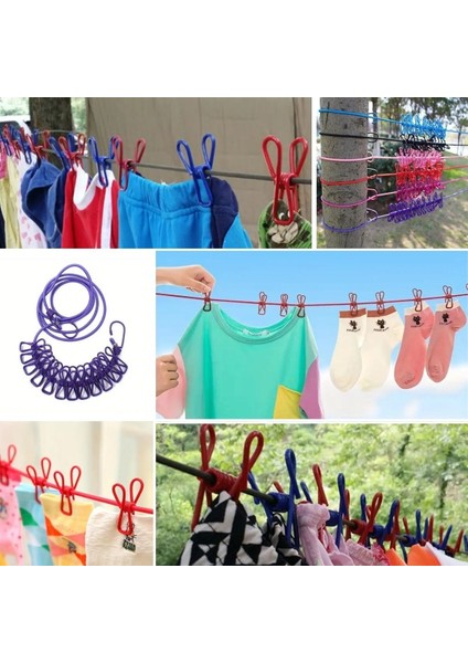 ® Taşınabilir Seyahat Çamaşır Ipi 12 Mandallı Klipsli Lastikli Çamaşır Mandalları