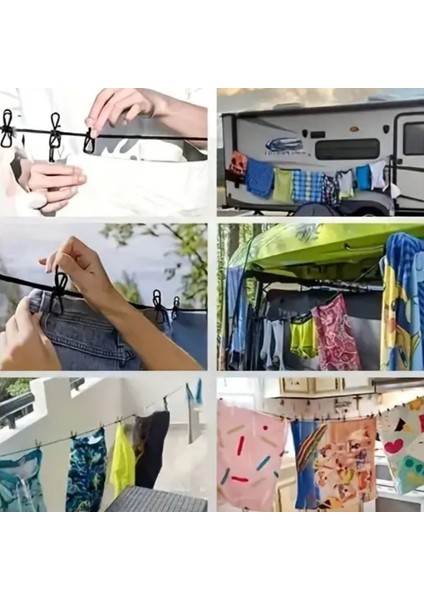 ® Taşınabilir Seyahat Çamaşır Ipi 12 Mandallı Klipsli Lastikli Çamaşır Mandalları