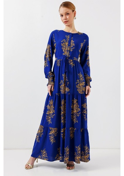 2145 Desenli Tesettür Elbise - Saks