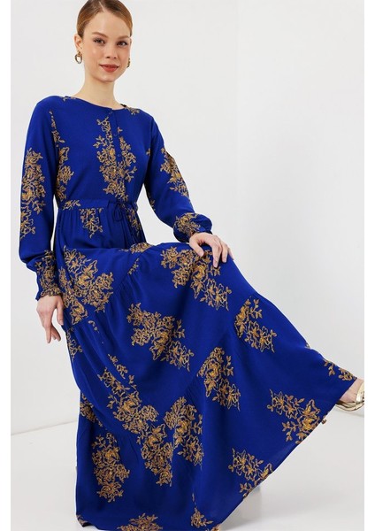 2145 Desenli Tesettür Elbise - Saks