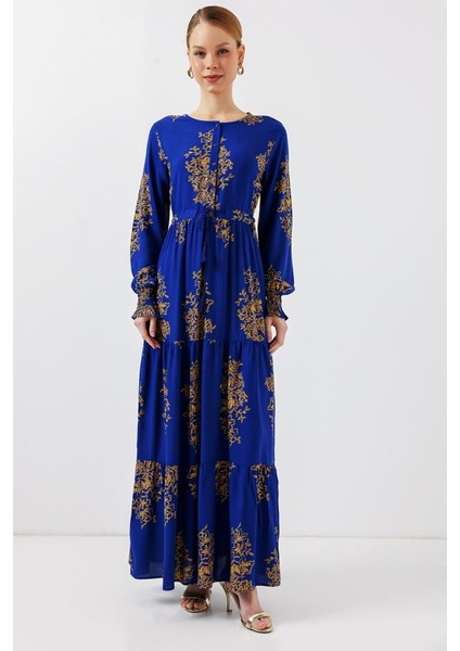 2145 Desenli Tesettür Elbise - Saks