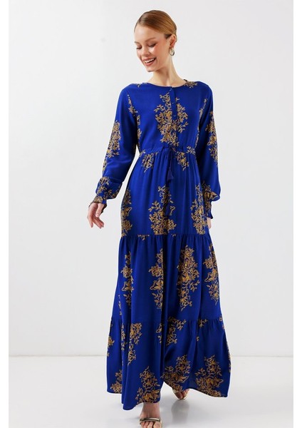 2145 Desenli Tesettür Elbise - Saks