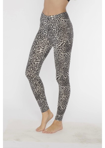 Kar Leoparı Desenli Likralı Uzun Kadın Tayt - KB3005
