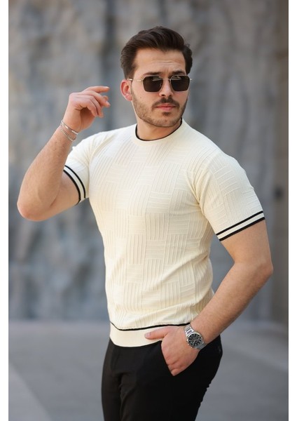 Erkek Jakarlı Ribanalı Kısa Kollu T-Shirt