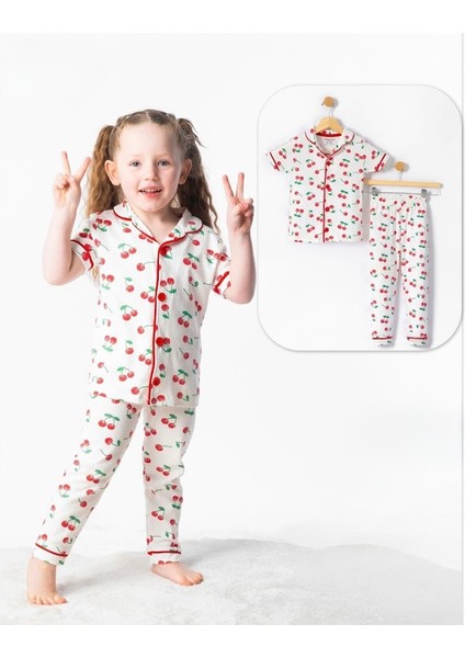 Kiraz Baskılı Kısa Kollu Düğmeli Pijama Takımı Kız Çocuk