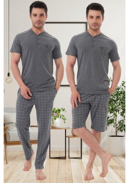 Mecit 2980 Füme Büyük Beden 3 Parça Erkek Şortlu Pijama Takımı