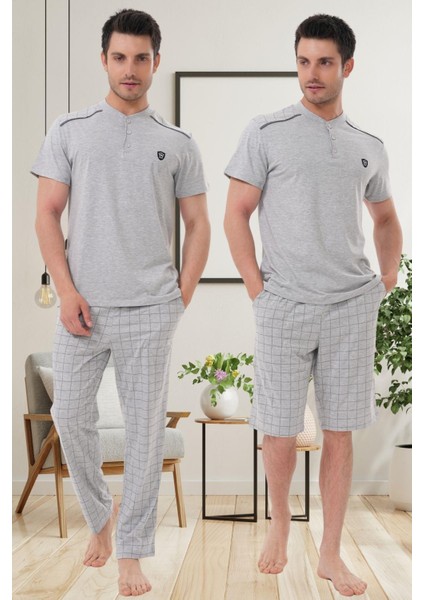 Mecit 2980 Gri Büyük Beden 3 Parça Erkek Şortlu Pijama Takımı