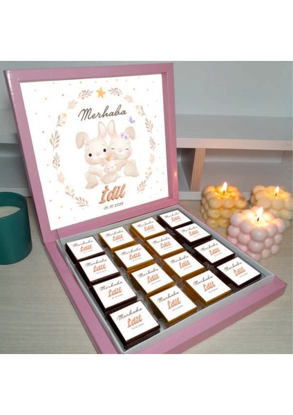 Pembe Kutu Kız Bebek Doğum Çikolatası Isme Özel