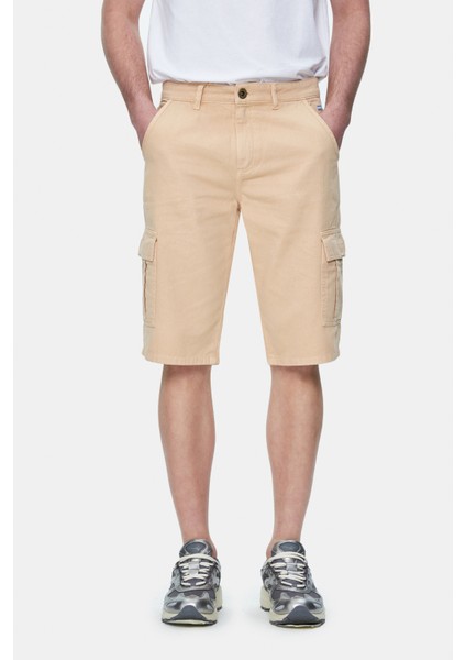 Blewın Camel Kargo Cepli Gabardin Nakışlı Standard Fit Erkek Şort
