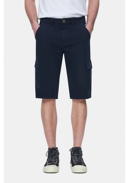 Blewın Lacivert Kargo Cepli Gabardin Nakışlı Standard Fit Erkek Şort
