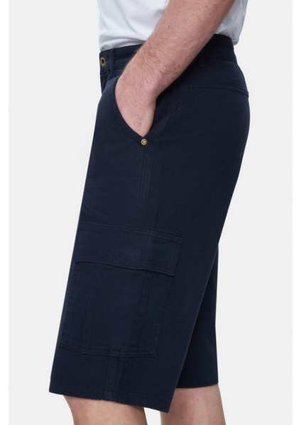 Blewın Lacivert Kargo Cepli Gabardin Nakışlı Standard Fit Erkek Şort
