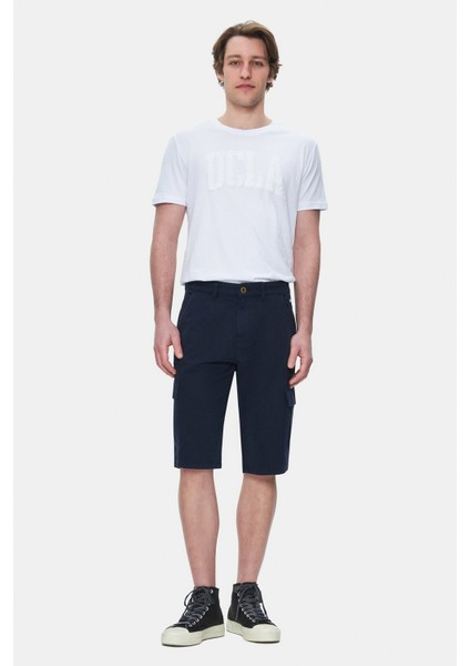 Blewın Lacivert Kargo Cepli Gabardin Nakışlı Standard Fit Erkek Şort