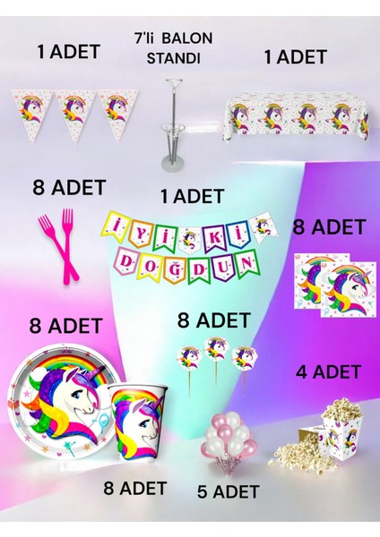 8 Kişilik Unicorn Temalı 2xl Paket - Doğum Günü Parti ve Eğlenceli Etkinlikler