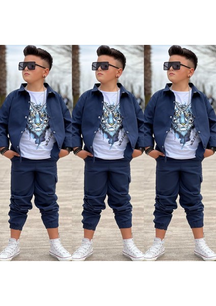 Gabardin Gömlek Kargo Cep Pantolon ve Kaplan Baskılı Tshırt 3 Parça Erkek Çocuk Takım